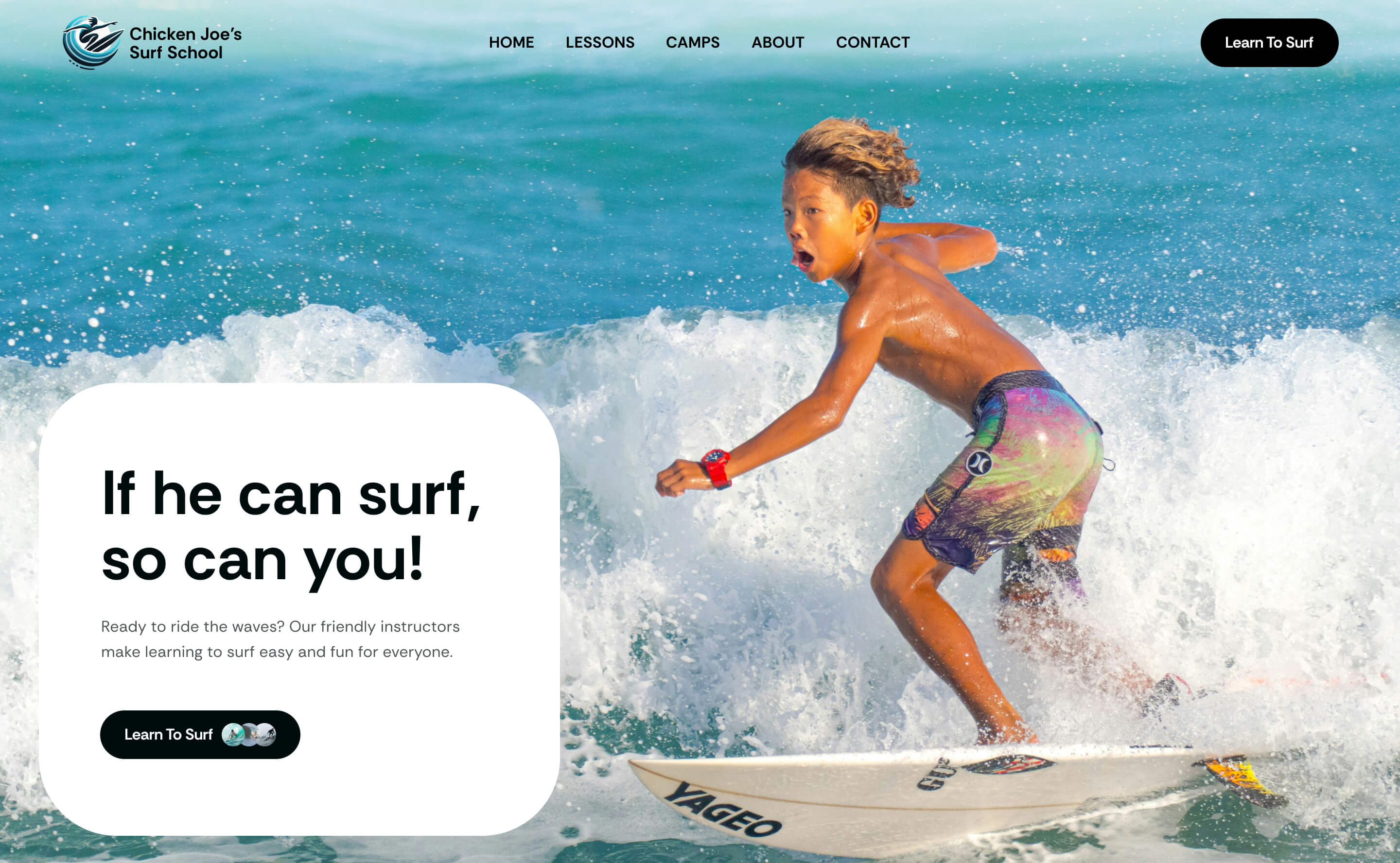 A lively surf school website with a dynamic image of a young surfer, perfect for attracting new students eager to hit the waves.