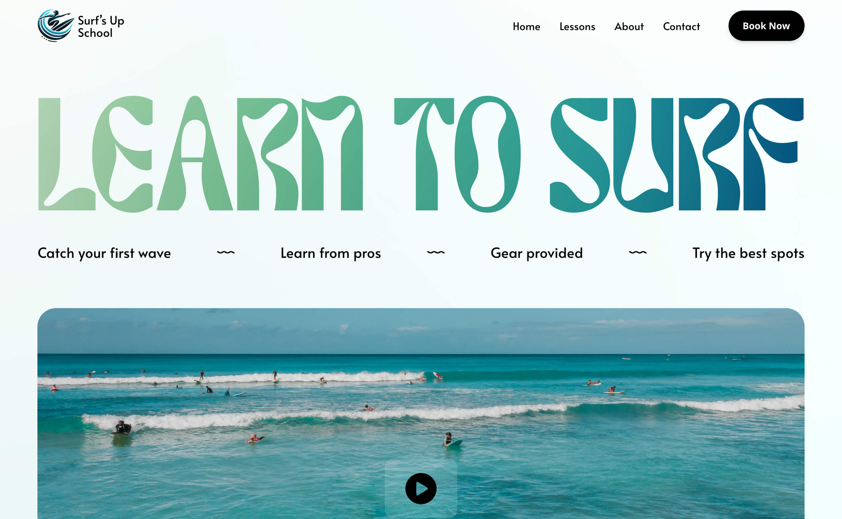 A lively and inviting surf school website design with ocean colors and bold, flowing typography, perfect for attracting surfers to learn and engage.