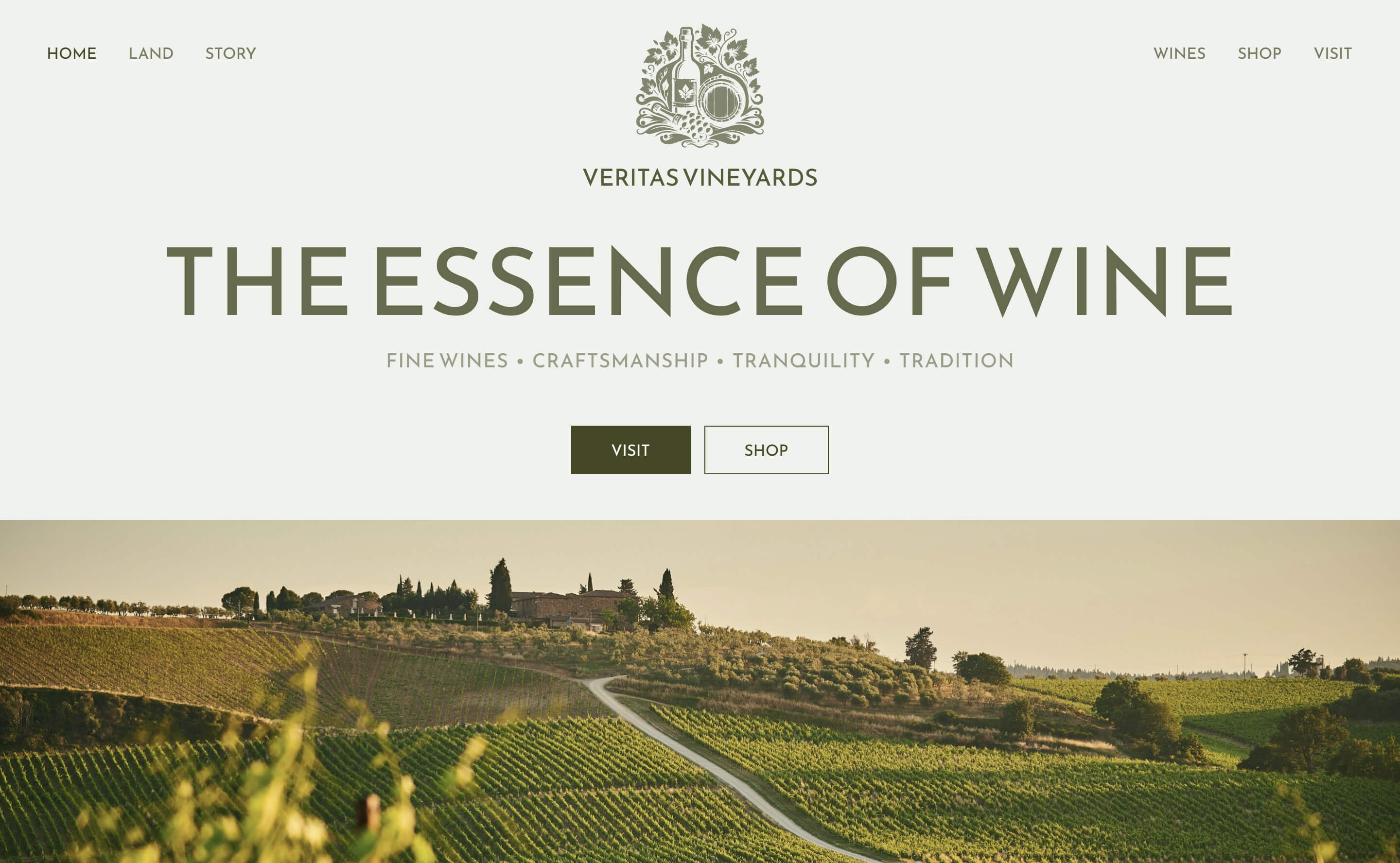 A serene vineyard website design with earthy tones, inviting wine lovers to explore and shop.