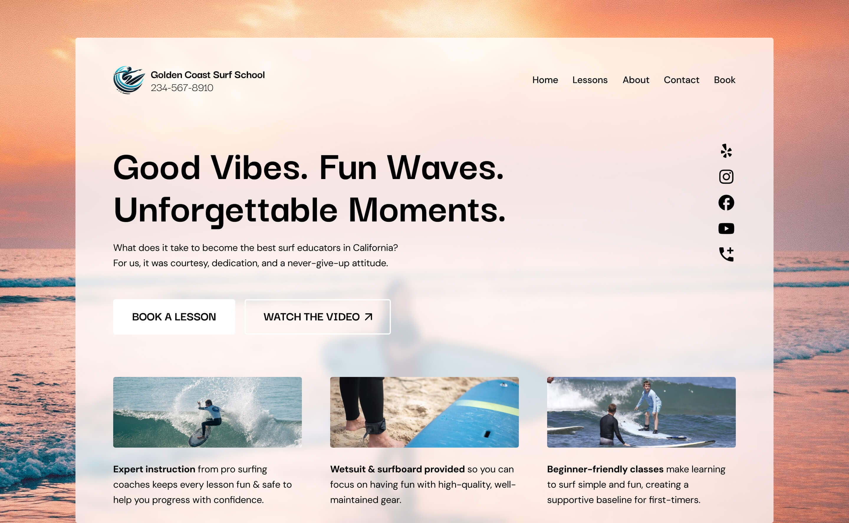 A bright and inviting surf school website design capturing the essence of surfing with engaging visuals and friendly navigation.