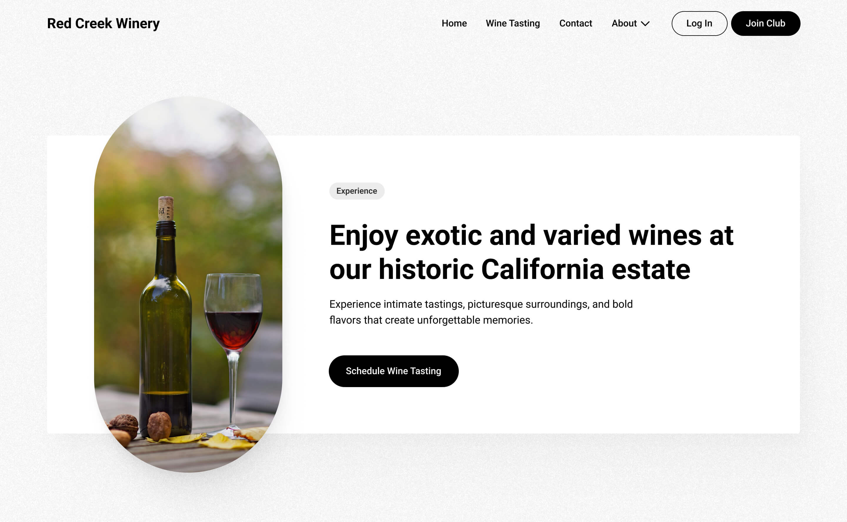 A welcoming website design featuring wine bottles and glasses, perfect for a winery showcasing its offerings.