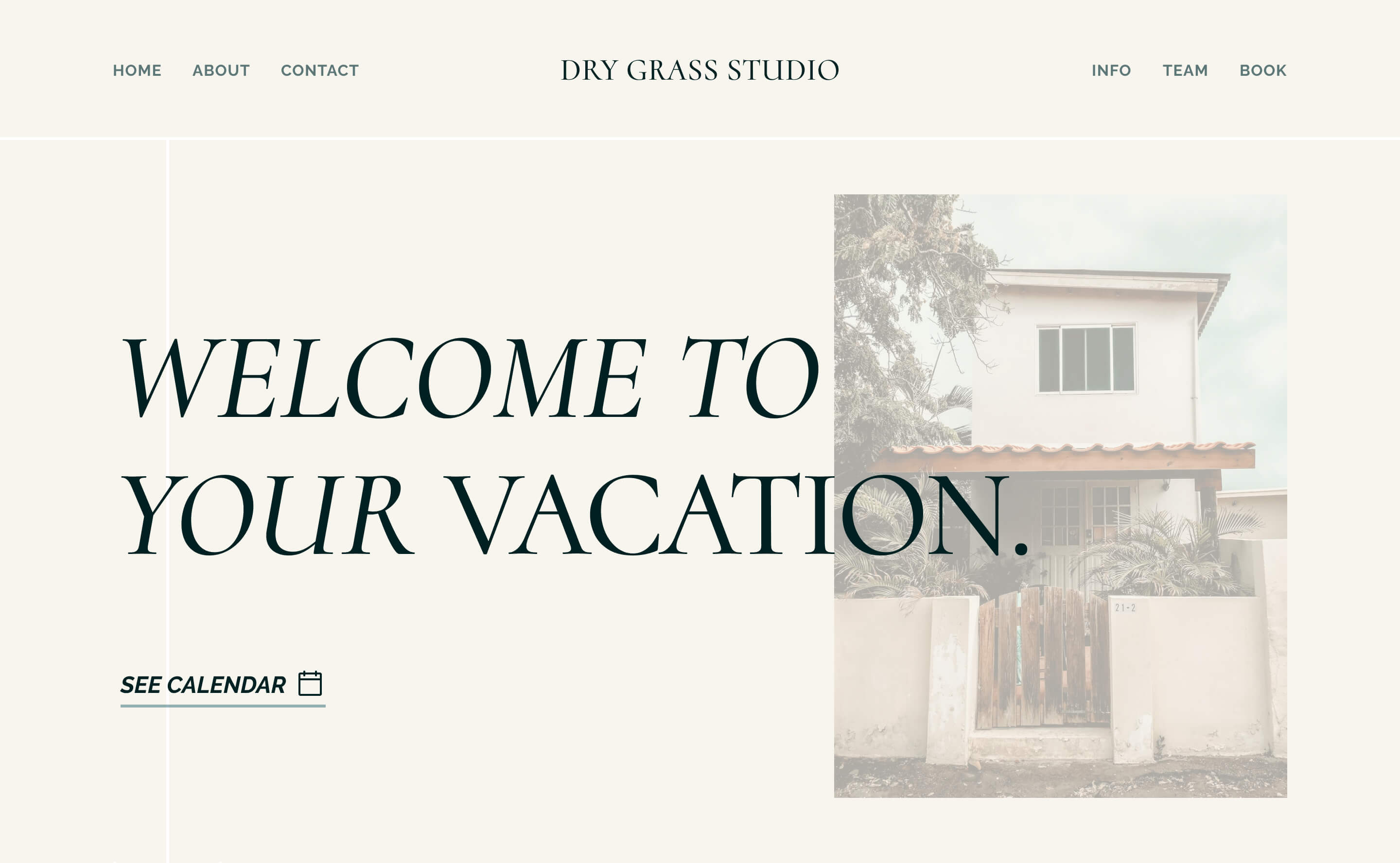 A welcoming and calming website design for a vacation rental studio with inviting typography and soft color palette.