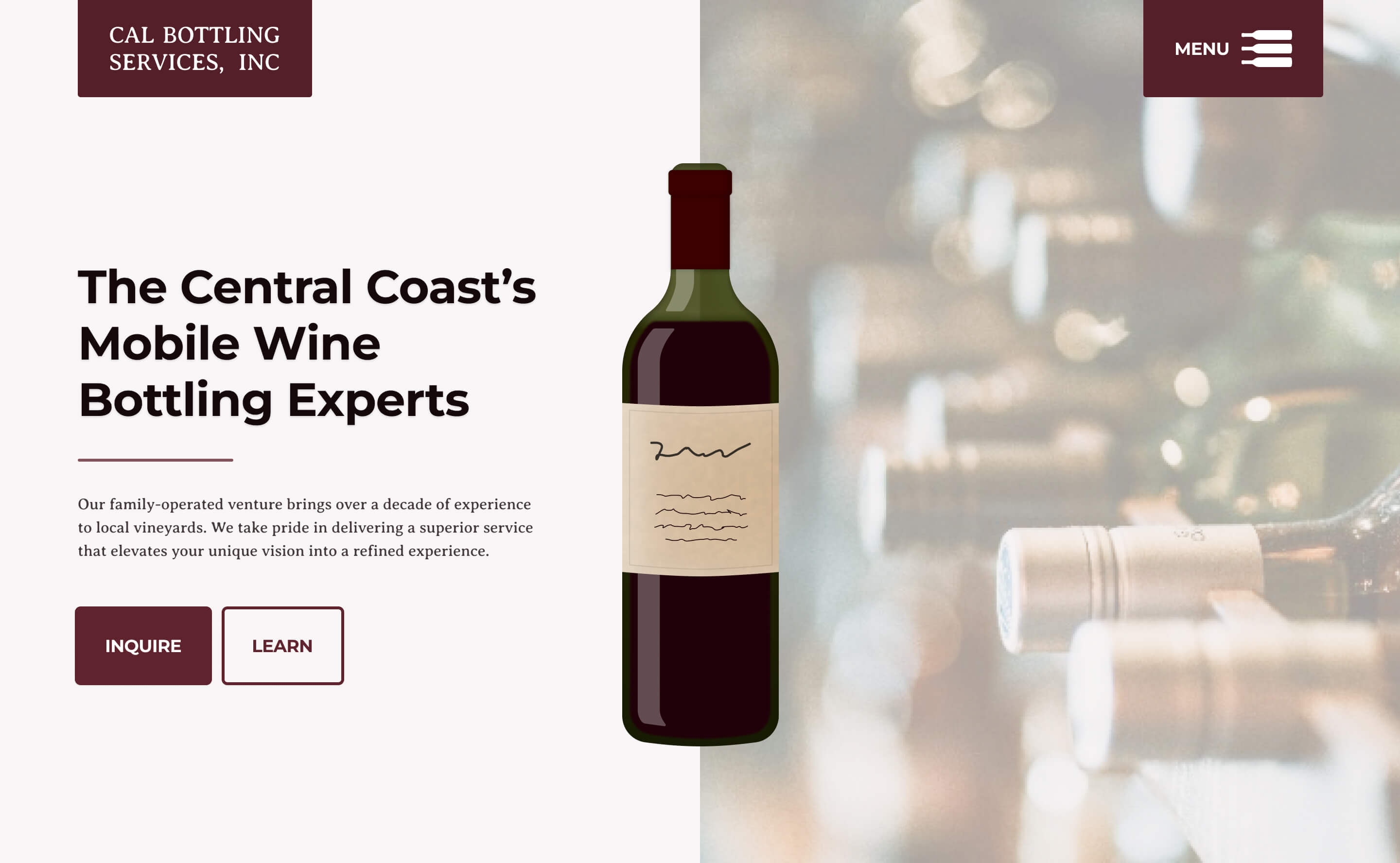 A clean, elegant website design featuring bold text and a wine bottle, perfect for mobile wine bottling services.