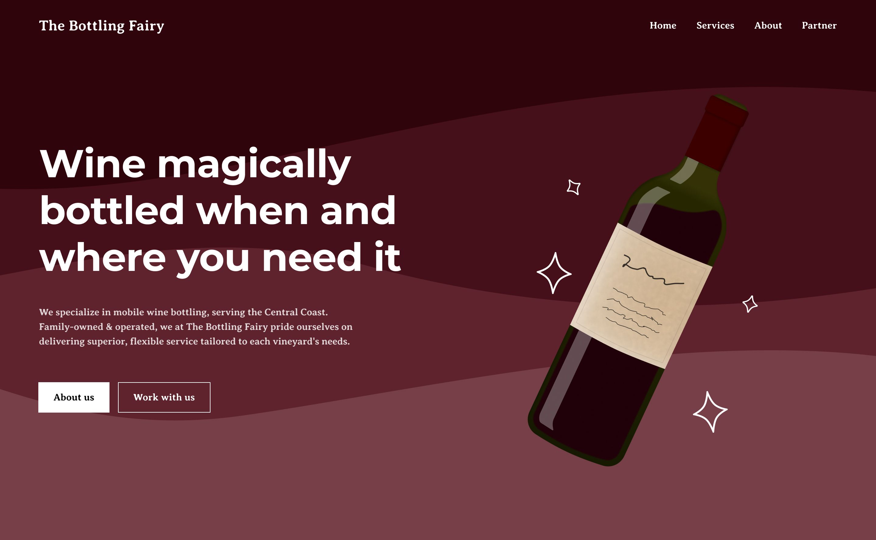 A welcoming maroon-themed website design perfect for mobile wine bottling services, featuring bold text and a cozy feel.