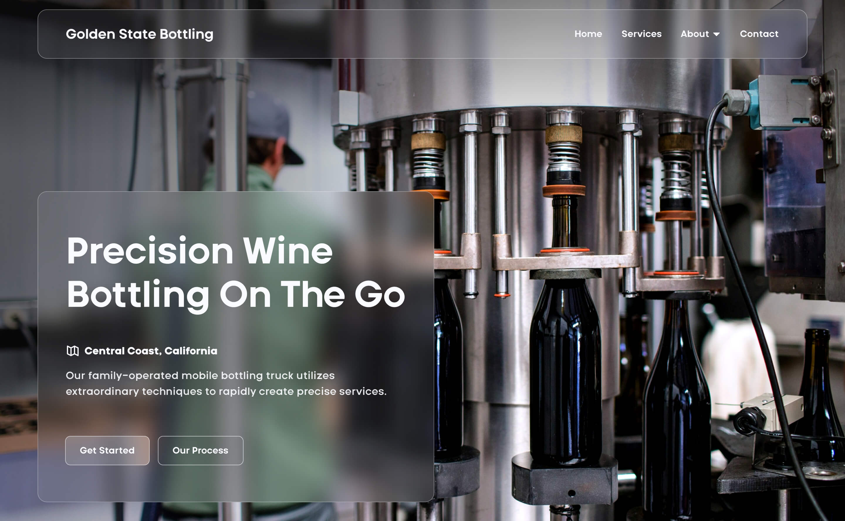 A modern, user-friendly website design for a mobile wine bottling service, featuring a sleek image of a bottling machine in action.
