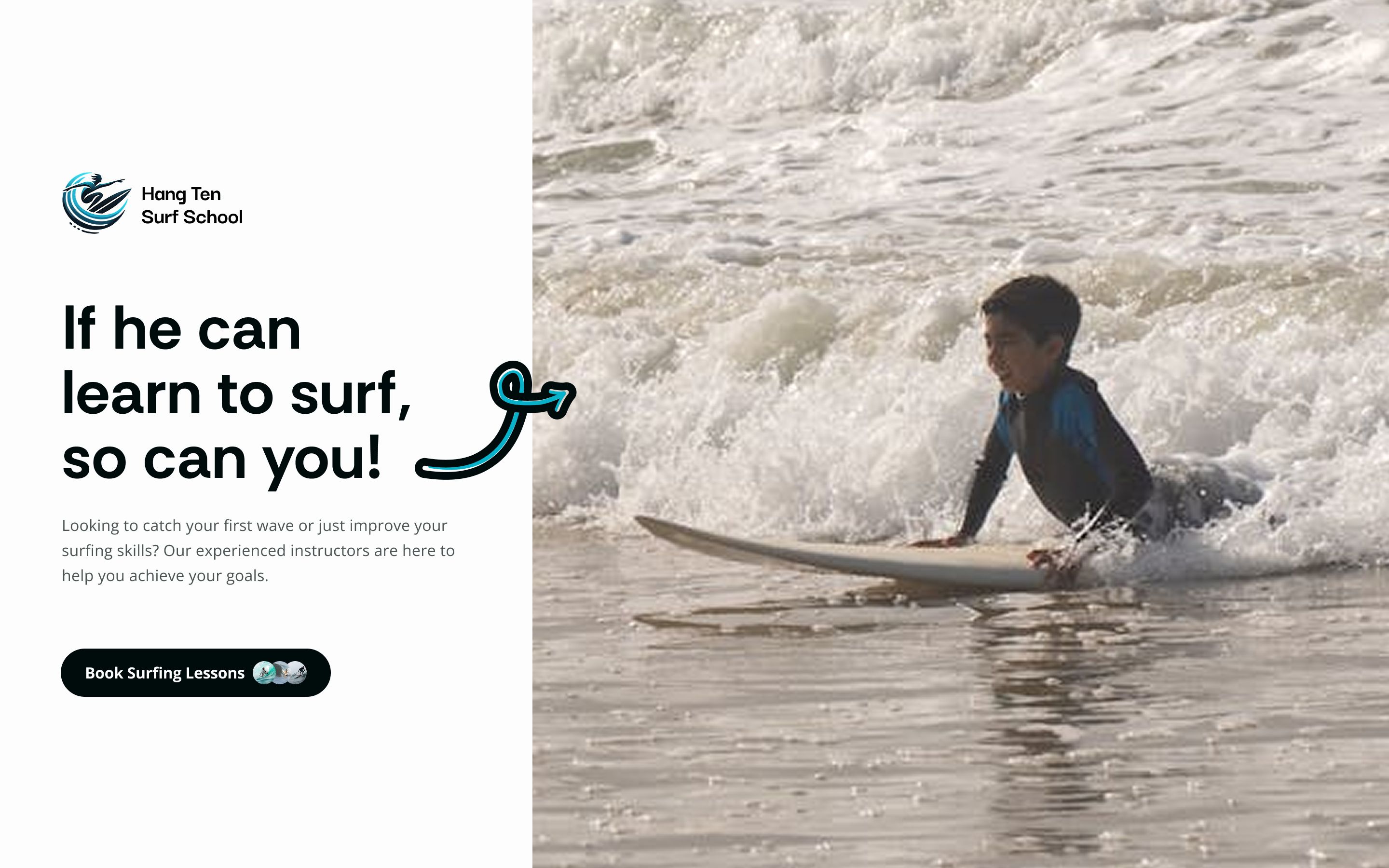 An engaging beachside website design featuring a young boy learning to surf, perfect for surf schools aiming to inspire new surfers.