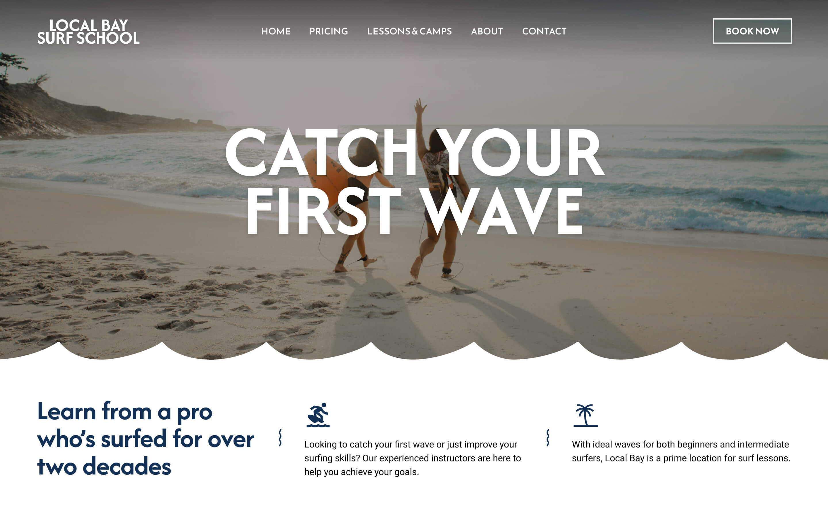 A bright and engaging surf school website design capturing the energy and excitement of learning to surf at the beach.