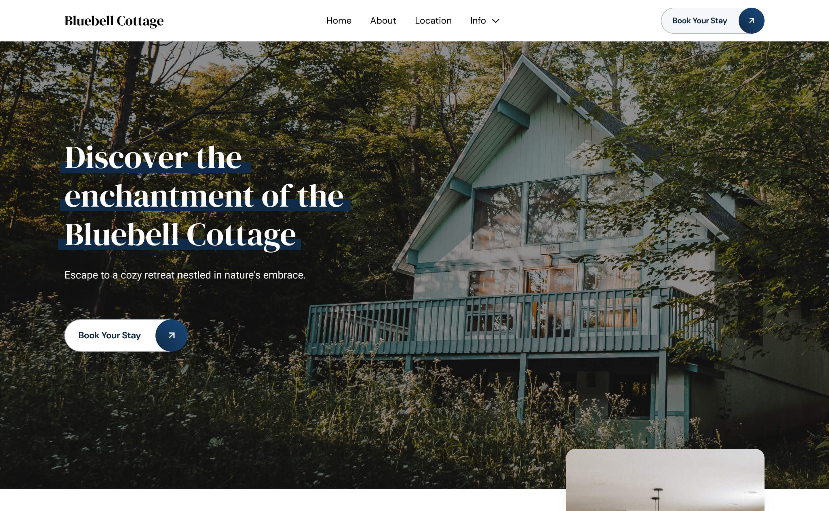 A tranquil and inviting website design showcasing a cozy retreat in the woods, perfect for attracting nature lovers and travel enthusiasts.